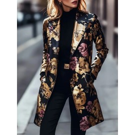 Plus Size - Plus Size Women'S Elegant Floral Print Blazer - Long Sleeve, Single-Breasted, Non-Stretch Fabric, Lapel Collar, Regular Fit, Fall/Winter Casual, Casual Wear Blazer | Floral Print Blazer | Nonstretch Fa