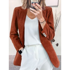Plus Size, Plus Size Women's Corduroy Blazer Jacket - Elegant /Notch Collar Slim-Fit Cardigan, Solid Color Casual Professional Light Business Outerwear, Machine Washable Fall Winter Swe Coat for, Office & Commute - All Light Beige Tones Available