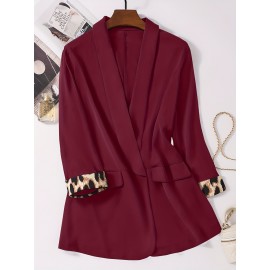 Plus Size, Black leopard print plus-size Women's suit jacket with spliced cuffs, elegant office attire for daily commuting