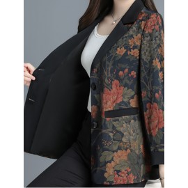Plus Size, Scacto Women's Vintage Floral print Blazer Jacket - Elegant Lapel Collar & Belted Waist, Single-Button Front, Dropped Shoulder - Winter Formal Party Wedding Attire, Hand Washable Statement Piece for Special Occasions