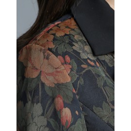 Plus Size, Scacto Women's Vintage Floral print Blazer Jacket - Elegant Lapel Collar & Belted Waist, Single-Button Front, Dropped Shoulder - Winter Formal Party Wedding Attire, Hand Washable Statement Piece for Special Occasions