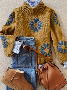 Women'S Elegant Floral Sweater - Long Sleeve High Neck Pullover with Brown & Flower Pattern, All-Season Layering Top for Everyday & Formal Outfits - Women'S