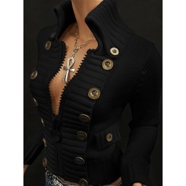 Multi-button decorated large zipper stand-up collar slim-fit cardigan