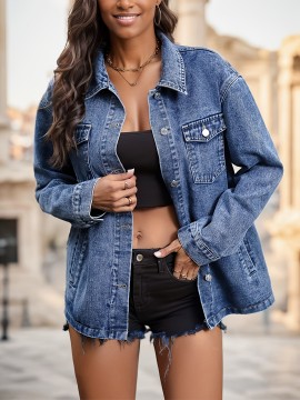 Women'S Plus Size Solid Color Lapel Button With Pocket Denim Jacket, Autumn And Winter Casual Sportswear
