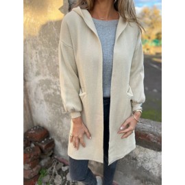 Women's Fleece Hooded Jacket - Elegant Casual Winter Coat with Full-Length Pockets, Machine Washable Outerwear in Black, Brown, Grey, Navy, or Beige - Cozy Fall & Winter Outerwear for Everyday or Formal Events